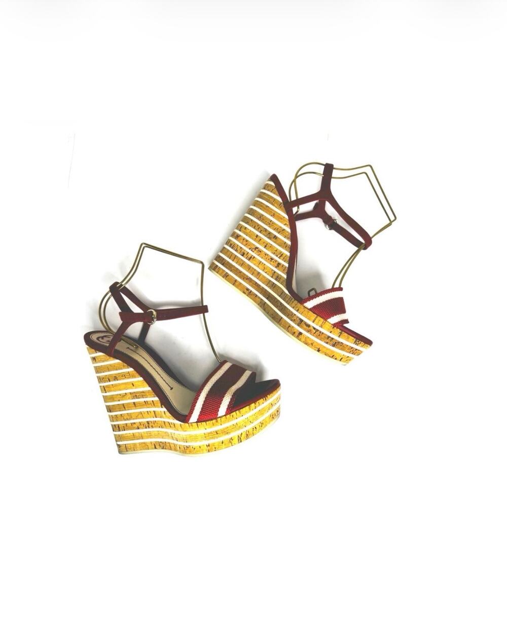 Gucci Red White Canvas Leather Cork Platform Wedge Ankle Strap Sandals EU 40